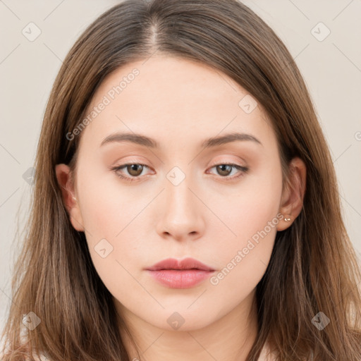 Neutral white young-adult female with long  brown hair and brown eyes