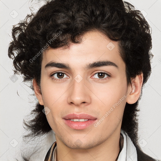 Joyful white young-adult male with medium  brown hair and brown eyes