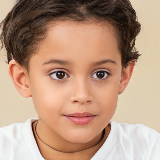 Joyful white child female with short  brown hair and brown eyes