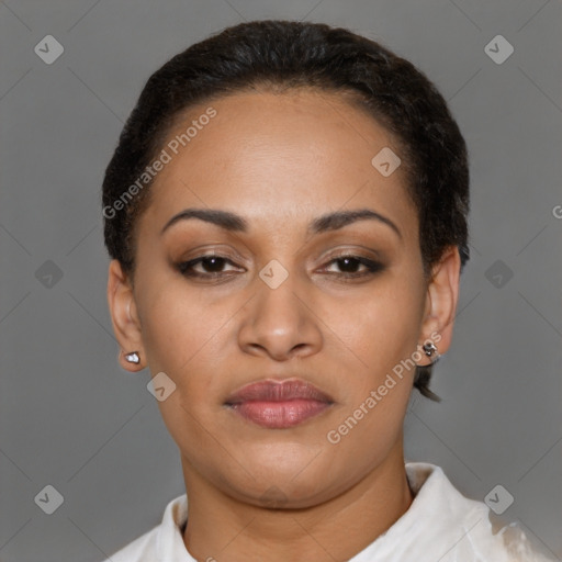 Joyful latino young-adult female with short  brown hair and brown eyes