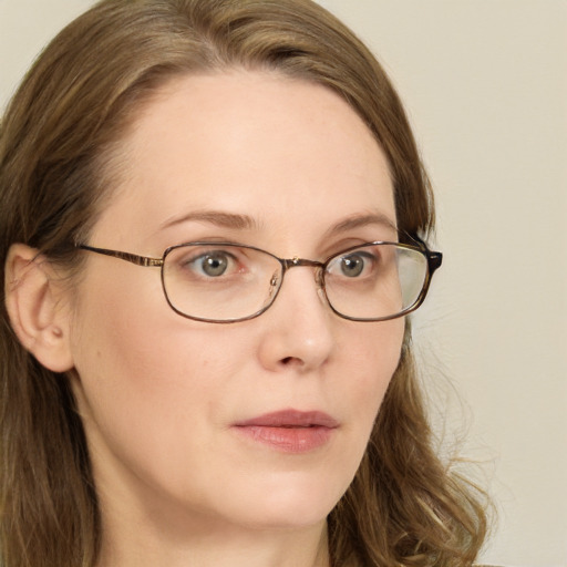 Neutral white adult female with long  brown hair and green eyes