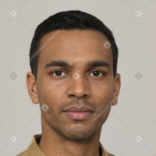 Neutral latino young-adult male with short  black hair and brown eyes