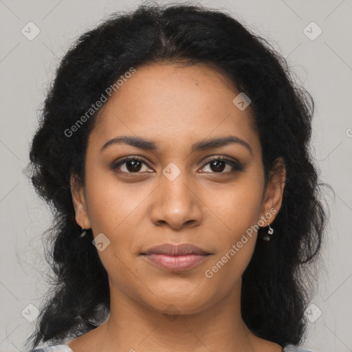 Joyful latino young-adult female with medium  black hair and brown eyes