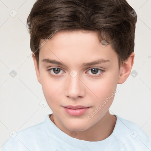 Joyful white child female with short  brown hair and brown eyes