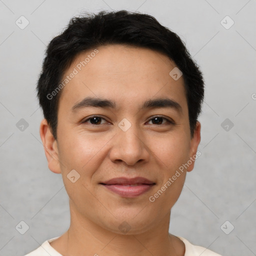 Joyful latino young-adult male with short  brown hair and brown eyes