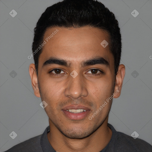Neutral latino young-adult male with short  black hair and brown eyes