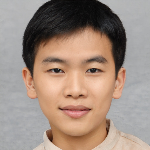 Joyful asian child male with short  brown hair and brown eyes