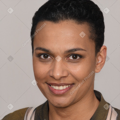 Joyful latino young-adult female with short  black hair and brown eyes