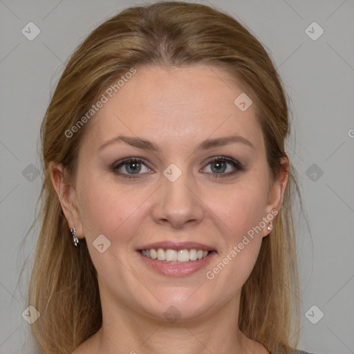 Joyful white young-adult female with medium  brown hair and grey eyes