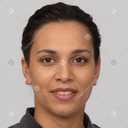 Joyful white young-adult female with short  brown hair and brown eyes