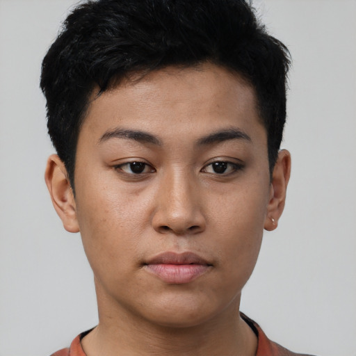 Neutral latino young-adult female with short  black hair and brown eyes