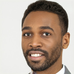 Neutral black young-adult male with short  black hair and brown eyes