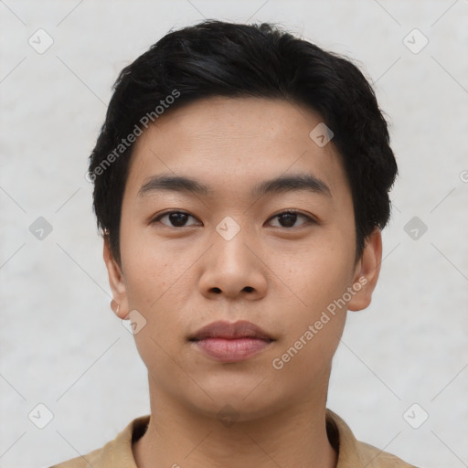 Neutral asian young-adult male with short  black hair and brown eyes