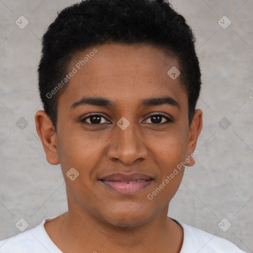 Joyful black young-adult female with short  brown hair and brown eyes