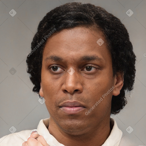 Neutral latino adult male with short  black hair and brown eyes