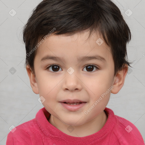 Joyful white child male with short  brown hair and brown eyes