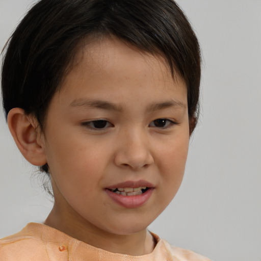 Joyful white child female with short  brown hair and brown eyes