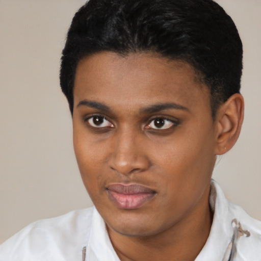 Joyful black young-adult male with short  black hair and brown eyes