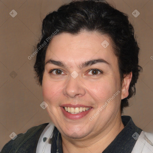 Joyful white adult male with medium  brown hair and brown eyes