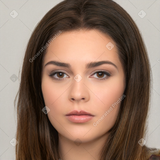 Neutral white young-adult female with long  brown hair and brown eyes