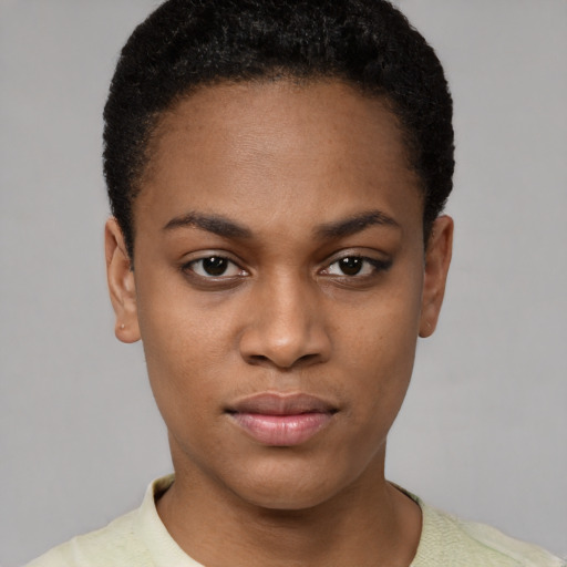 Neutral black young-adult female with short  black hair and brown eyes