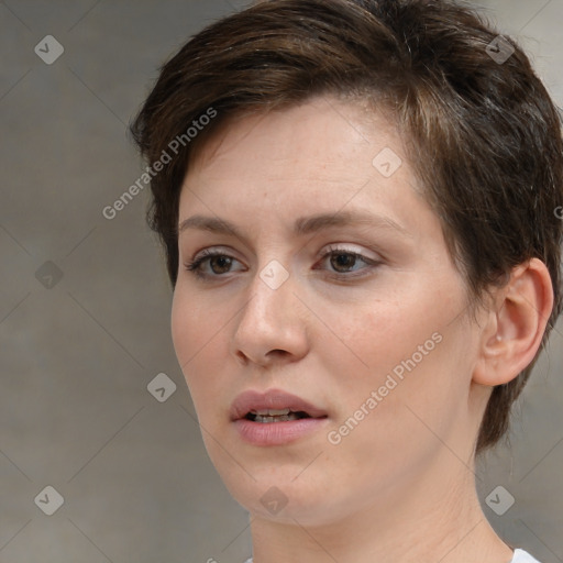 Neutral white young-adult female with medium  brown hair and brown eyes