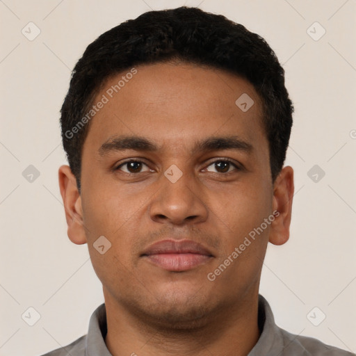 Neutral latino young-adult male with short  black hair and brown eyes