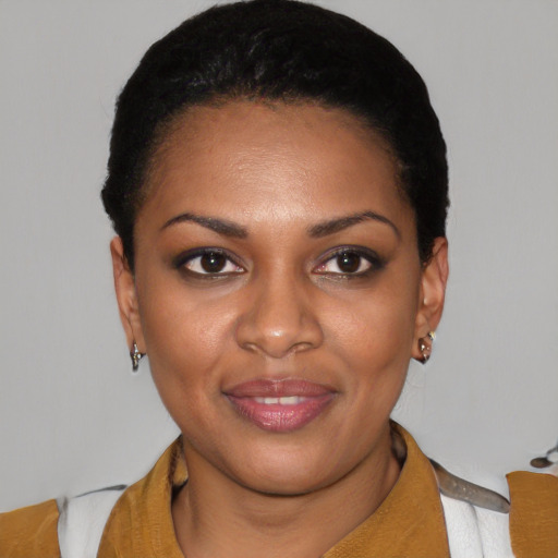 Joyful latino young-adult female with short  black hair and brown eyes