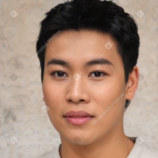 Neutral asian young-adult male with short  black hair and brown eyes