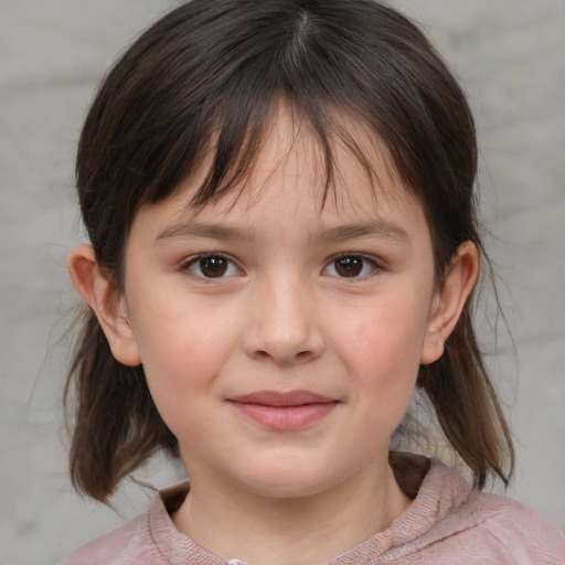 Joyful white child female with medium  brown hair and brown eyes