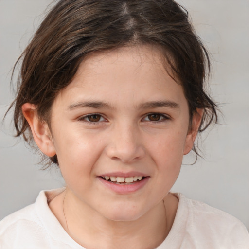 Joyful white child female with medium  brown hair and brown eyes