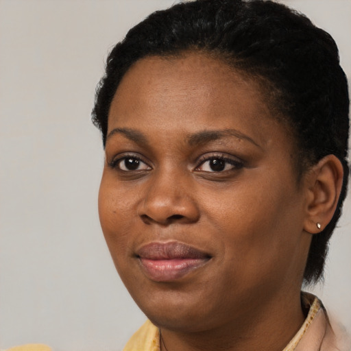 Joyful black young-adult female with short  brown hair and brown eyes