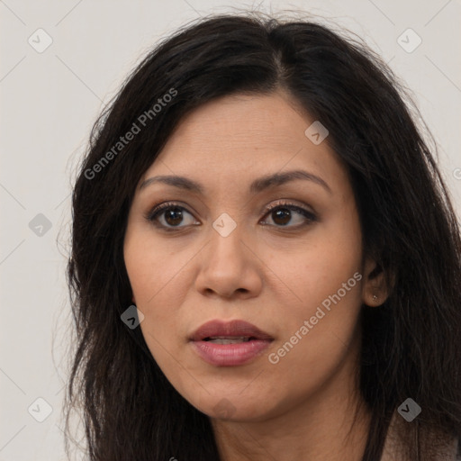 Joyful asian young-adult female with long  brown hair and brown eyes