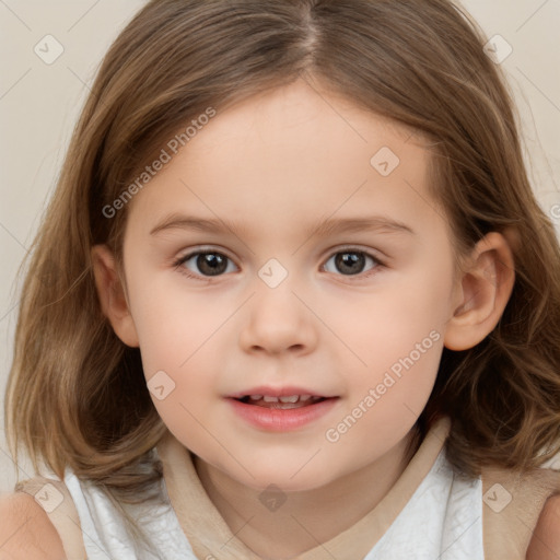 Joyful white child female with medium  brown hair and brown eyes