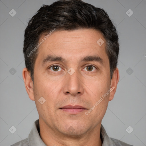 Neutral white adult male with short  brown hair and brown eyes