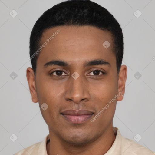 Joyful latino young-adult male with short  black hair and brown eyes