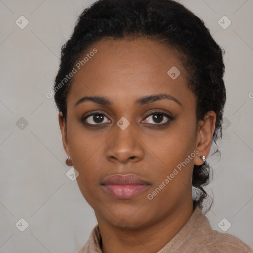 Neutral black young-adult female with short  black hair and brown eyes