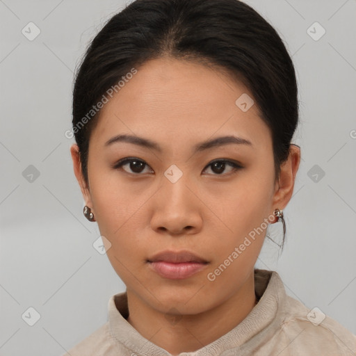 Neutral asian young-adult female with short  brown hair and brown eyes