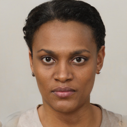 Neutral black young-adult female with short  black hair and brown eyes