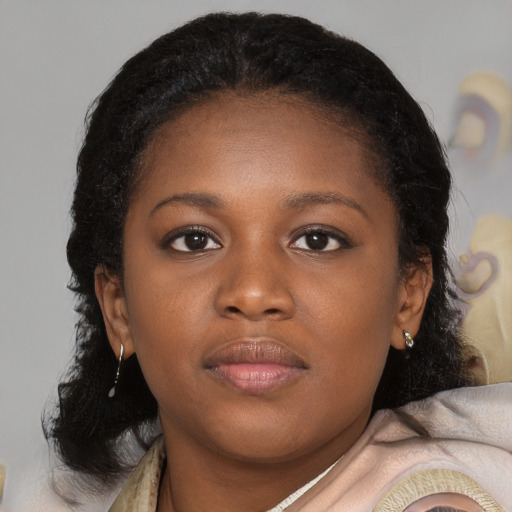 Neutral black young-adult female with medium  brown hair and brown eyes