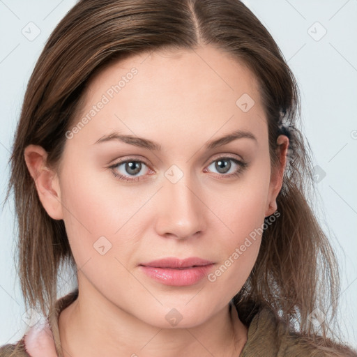 Joyful white young-adult female with medium  brown hair and blue eyes