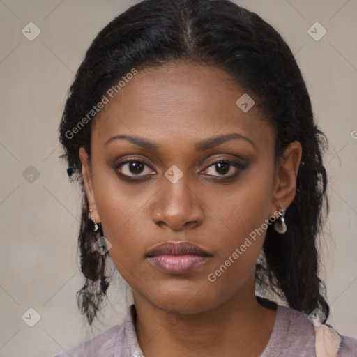 Neutral black young-adult female with medium  brown hair and brown eyes