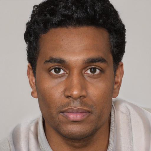 Neutral black young-adult male with short  black hair and brown eyes