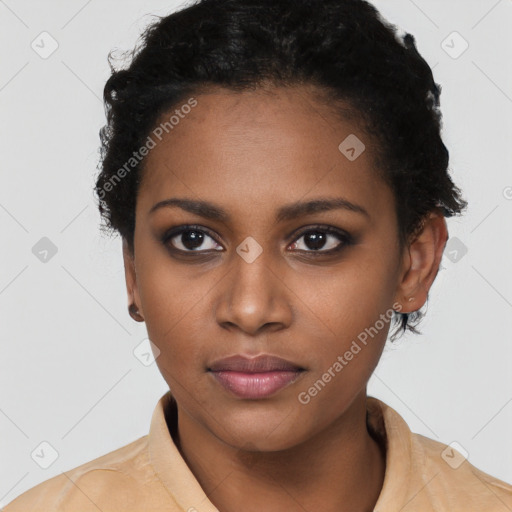 Neutral black young-adult female with short  black hair and brown eyes