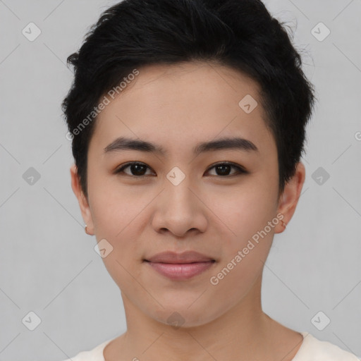 Joyful asian young-adult female with short  black hair and brown eyes