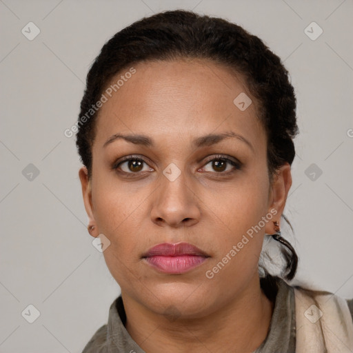 Neutral latino young-adult female with short  brown hair and brown eyes