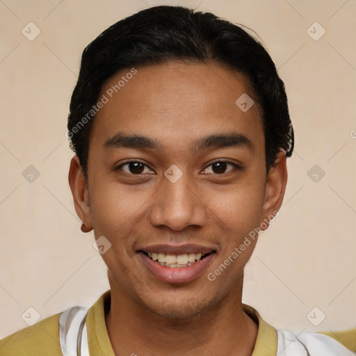 Joyful latino young-adult male with short  black hair and brown eyes