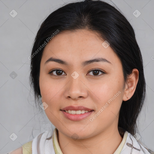 Joyful white young-adult female with medium  brown hair and brown eyes