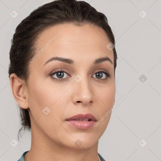 Neutral white young-adult female with short  brown hair and brown eyes