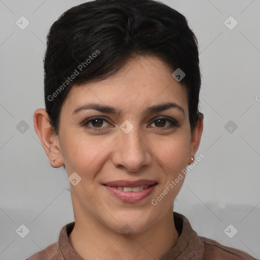 Joyful white young-adult female with short  brown hair and brown eyes